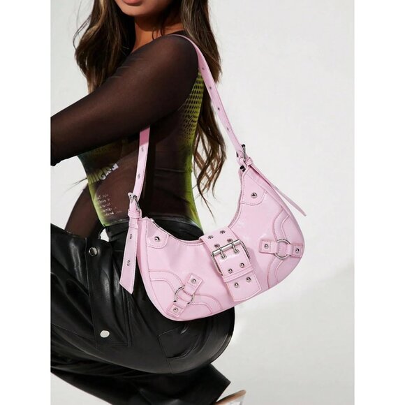 Women's Studded PU Leather Tote Handbag Adjustable Strap Boho Bags -Pink - Picture 9 of 9